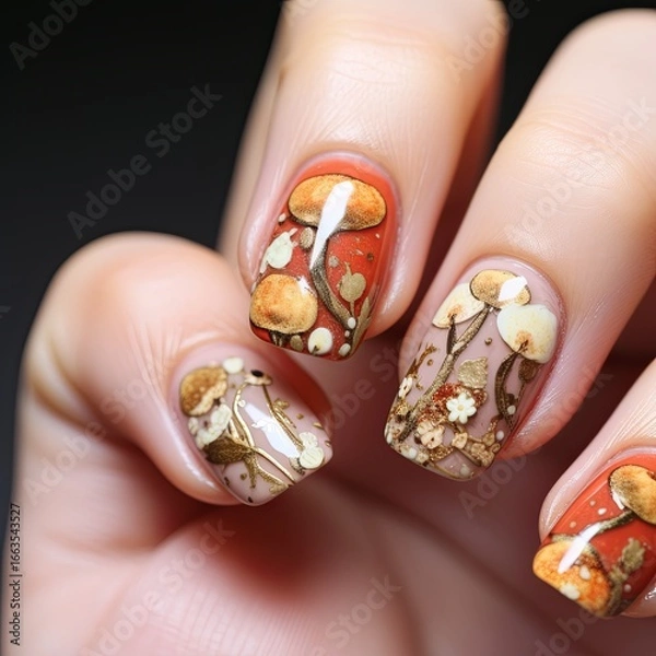 Fototapeta Autumnal Mushroom Nail Art A Whimsical and Enchanting Design for Nail Enthusiasts