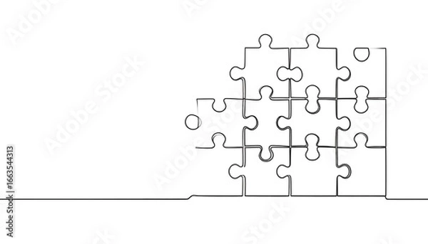 Fototapeta A continuous line drawing of interlocking puzzle pieces forming a complete picture, highlighting the concept of unity and connection.