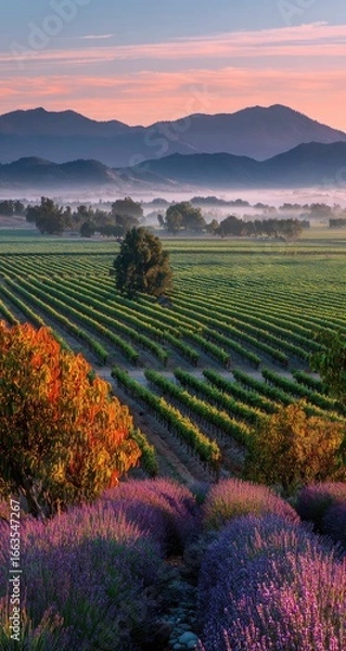 Fototapeta Misty morning vista over fields of vibrant green crops, with lavender and fall colors in the foreground