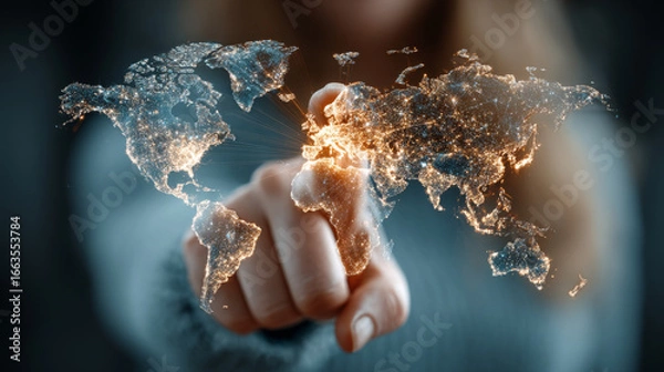 Fototapeta Modern business woman shows a world map of a new online trading network connecting big countries through cutting edge technology.