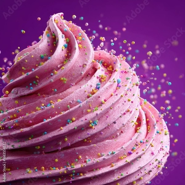 Obraz Close-up of a pink whipped dessert, swirling texture, colorful sprinkles