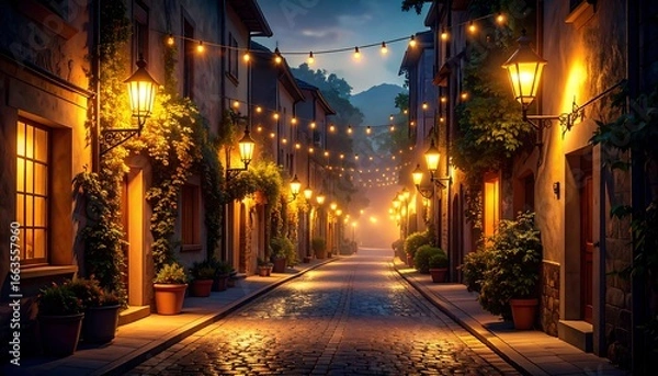 Fototapeta Romantic European Street at Night, Lit by Lanterns and String Lights.
