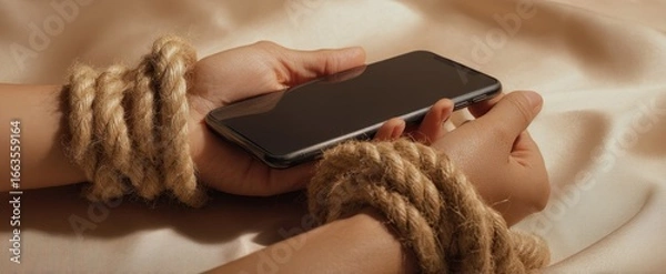 Fototapeta The Hands Bound by Rope Holding a Smartphone on Soft Fabric
