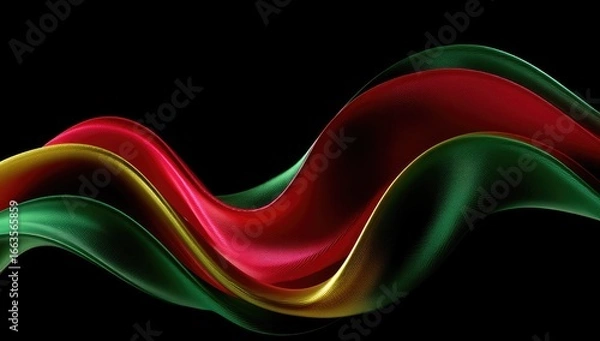 Fototapeta Abstract flowing ribbons of red, green, and gold on black background