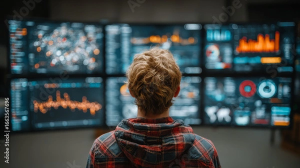 Fototapeta IT manager analyzing the architecture of ERP (Enterprise Resource Planning) system on virtual AR screen with connections between business intelligence (BI), production, HR and CRM modules