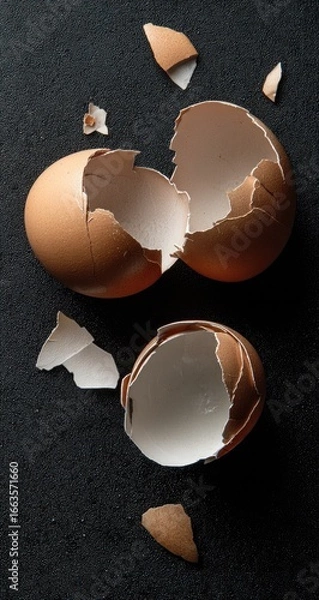 Fototapeta Broken egg shell fragments scattered on dark surface