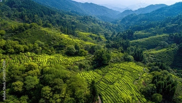 Fototapeta High-angle view of terraced tea plantations nestled in a valley. Lush green foliage of tea bushes and trees. Mountains in the background