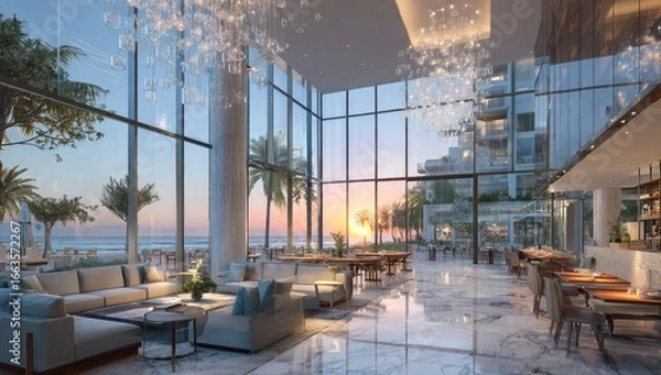Fototapeta Grand beachfront lobby with panoramic views