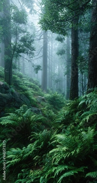 Fototapeta Misty forest path, ferns, and tall trees