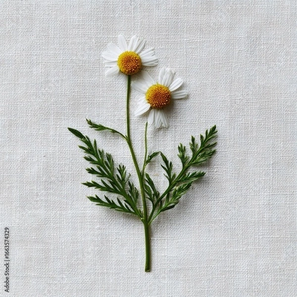 Fototapeta Two delicate chamomile flowers on a linen backdrop