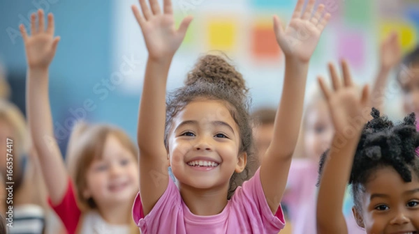 Fototapeta Group of students raising hands in classroom, engaged learning, diverse children