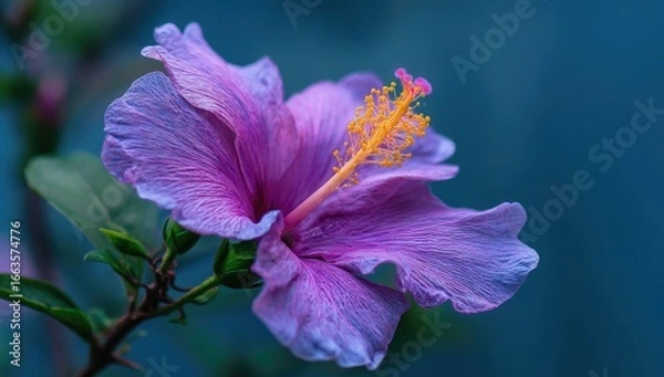 Fototapeta Close-up of a vibrant purple hibiscus flower, petals softly textured, with a hint of yellow stamens.  Blurred background