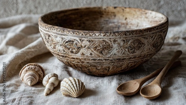 Fototapeta A large, ornate, rustic bowl sits on a linen cloth, accented by seashells and wooden spoons