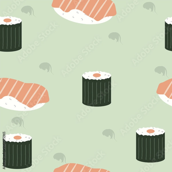 Fototapeta Seamless sushi pattern, hand-drawn digitally in soft pastel colors. Minimal and elegant vector design, perfect for fabric prints, endpapers, gift wrap, or background decoration.