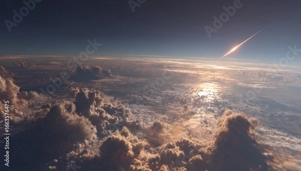 Fototapeta High-altitude view of a planet's surface, a brilliant comet streaking across the sky,