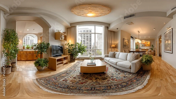 Fototapeta Full spherical seamless hdri panorama 360 degrees view in interior of guest room in apartment with sofa and tv in equirectangular projection, VR content