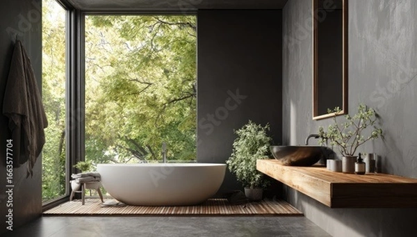 Obraz Modern bathroom with large window, showcasing a tranquil, nature-filled view.  A sleek white bathtub sits centrally, complemented by a wooden countertop and dark gray walls