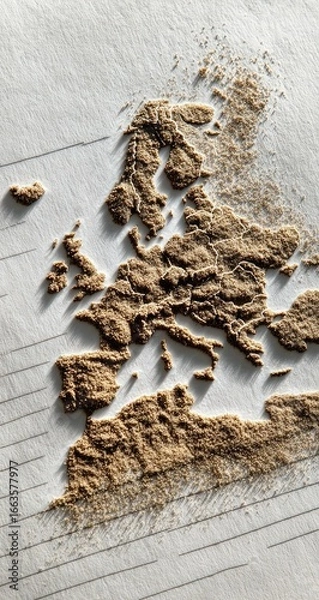 Obraz A textured map of Europe, imprinted with light brown dust or powder on a lined page