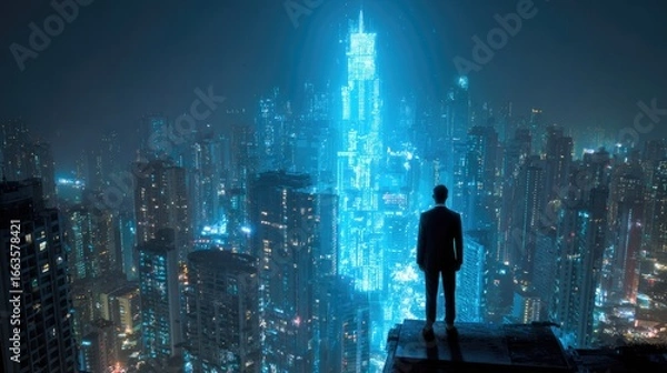Fototapeta Futuristic cityscape at night with a lone figure.