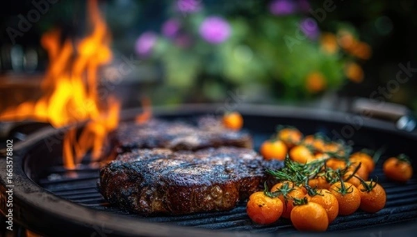 Obraz Grilled steaks and cherry tomatoes on a barbecue, flames in background