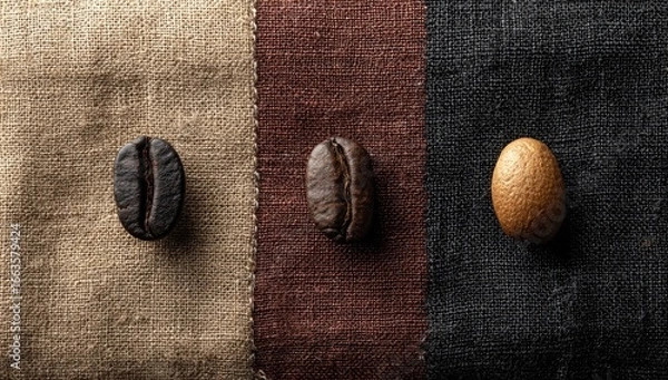 Obraz Three coffee beans on a textured fabric with color variations