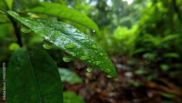 Obraz Close-up of a vibrant green leaf covered in glistening raindrops, set against a blurred backdrop of lush, tropical foliage