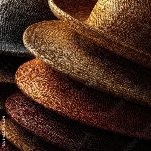 Fototapeta Close-up view of stacked straw hats in varying shades of brown and gray.  