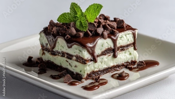 Obraz Mint chocolate dessert layered on a white plate.  A square slice of a mint chocolate dessert with chocolate chips and fresh mint.  Drizzled with melted chocolate