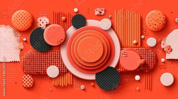 Obraz Abstract composition of various geometric shapes in shades of orange and red.
