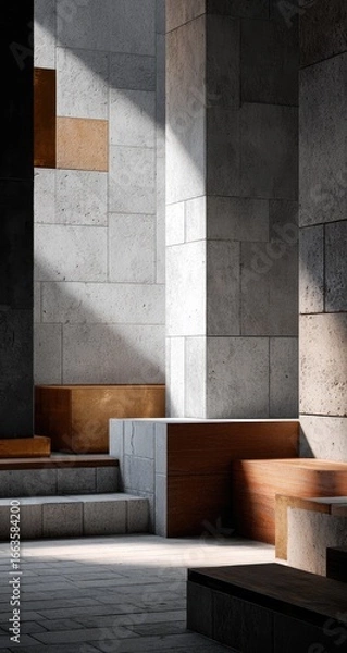 Obraz Interior architectural scene, light-filled space with concrete and wood