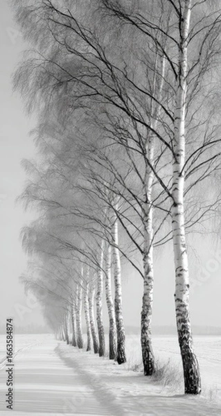 Obraz A monochrome winter landscape.  A row of birch trees stands in a snow-covered field.  