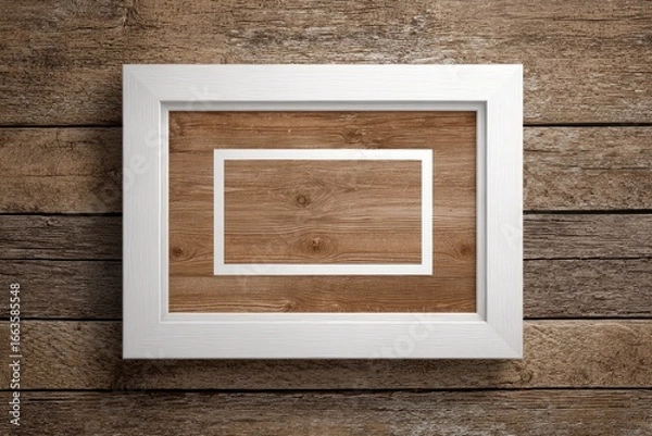 Obraz White frame, light brown wood, empty interior.  A rectangular white picture frame with a light brown wood-grained interior, mounted on a weathered wooden wall