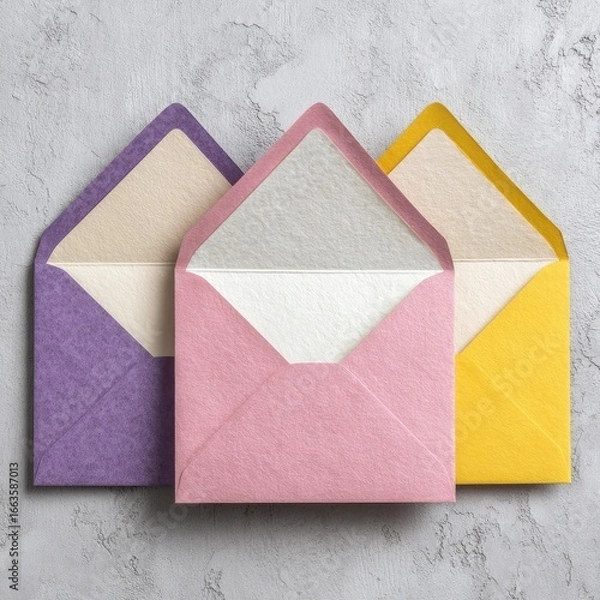 Obraz Three colorful envelopes,  light-toned insides,  stacked on a gray textured surface