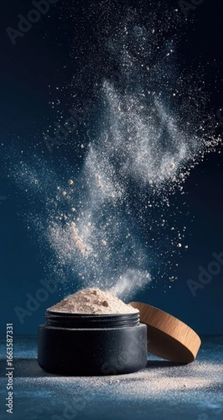 Obraz Powder product in a dark container, with a light-colored powder erupting upward