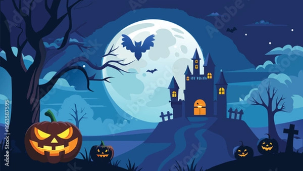 Obraz Festive halloween scene with a dark blue background featuring spooky elements and autumn colors