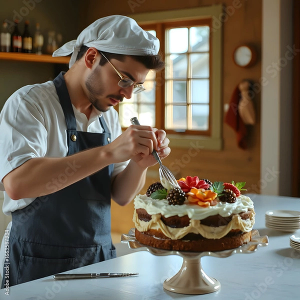 Obraz A baker decorates a birthday cake with icing.