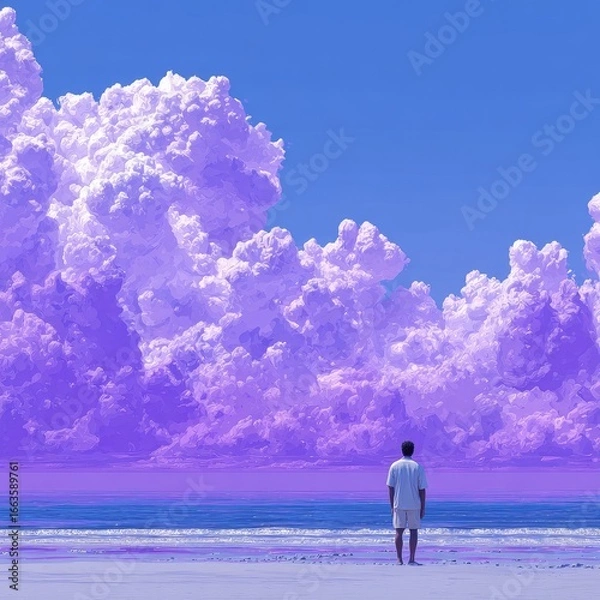 Fototapeta A solitary figure on a beach, facing a vibrant purple-pink sky filled with large, fluffy clouds