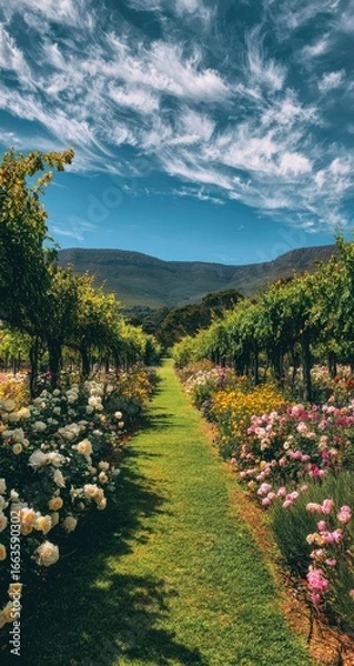 Fototapeta Scenic garden path lined with vibrant flowers and trees, leading to a mountain backdrop