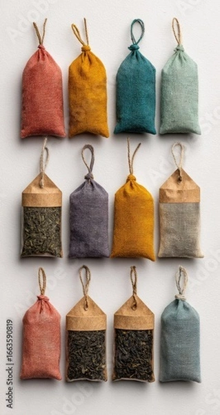 Fototapeta Small, colorful fabric pouches, some with paper inserts, hang vertically