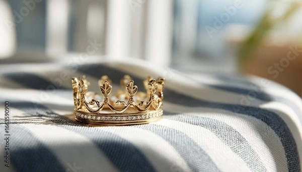 Fototapeta Delicate gold crown resting on striped fabric.  Soft, warm light highlights the intricate design