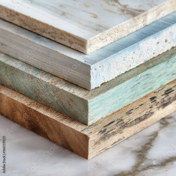 Fototapeta Stacked sheets of various materials, including marble-look tile, wood veneers, and painted wood, displayed on a marble surface
