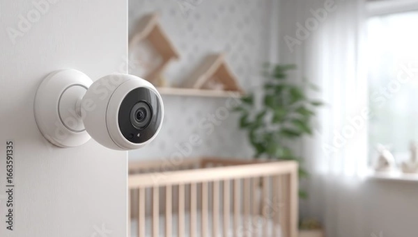 Fototapeta A white security camera mounted on a white door, overlooking a nursery