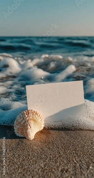 Fototapeta Blank card on beach, seashell and waves