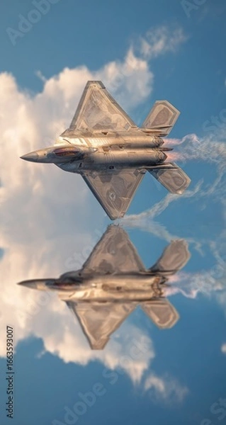 Fototapeta A stealth fighter jet reflected in a cloud-filled sky