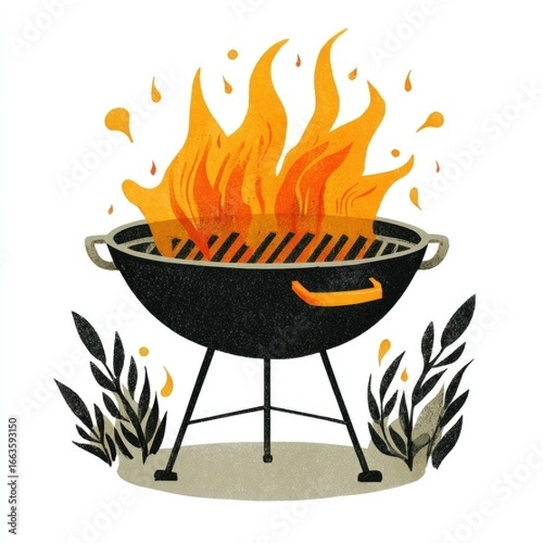 Fototapeta A vibrant charcoal grill with flames erupting.  A simple, flat design depicts a black grill with orange/yellow flames rising above.  Small, textured, dark leaves surround the base