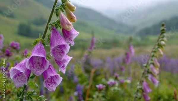Fototapeta Pink foxgloves bloom amidst purple wildflowers in a grassy meadow, bathed in soft light.  A misty mountain range forms a blurred backdrop
