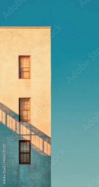 Fototapeta A pale beige building, sunlit, casts a soft shadow against a vibrant teal sky