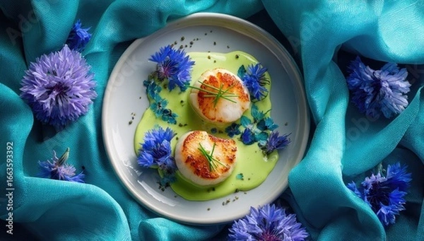 Fototapeta Two seared scallops on a light gray plate,  topped with vibrant green sauce and edible flowers.  Surrounded by a teal silk cloth and more flowers