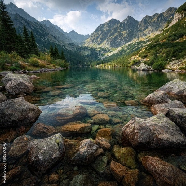 Fototapeta Crystal-clear mountain lake nestled amongst towering peaks.  Tranquil alpine scenery, with rocks lining the shore and lush greenery in the background.  Sunlight filters through clouds