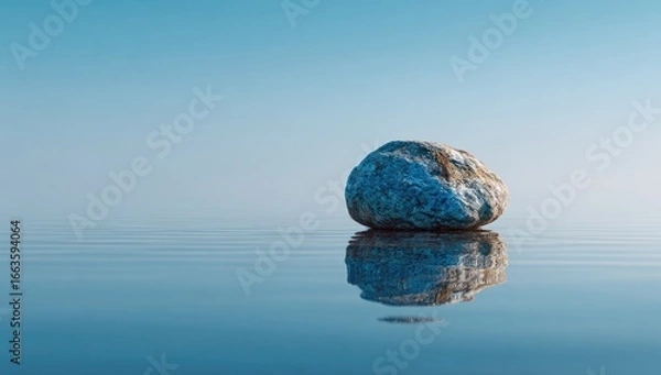 Fototapeta A solitary, smooth, mottled rock rests on a calm, glassy surface of water, mirroring perfectly.  Pale blue sky stretches above